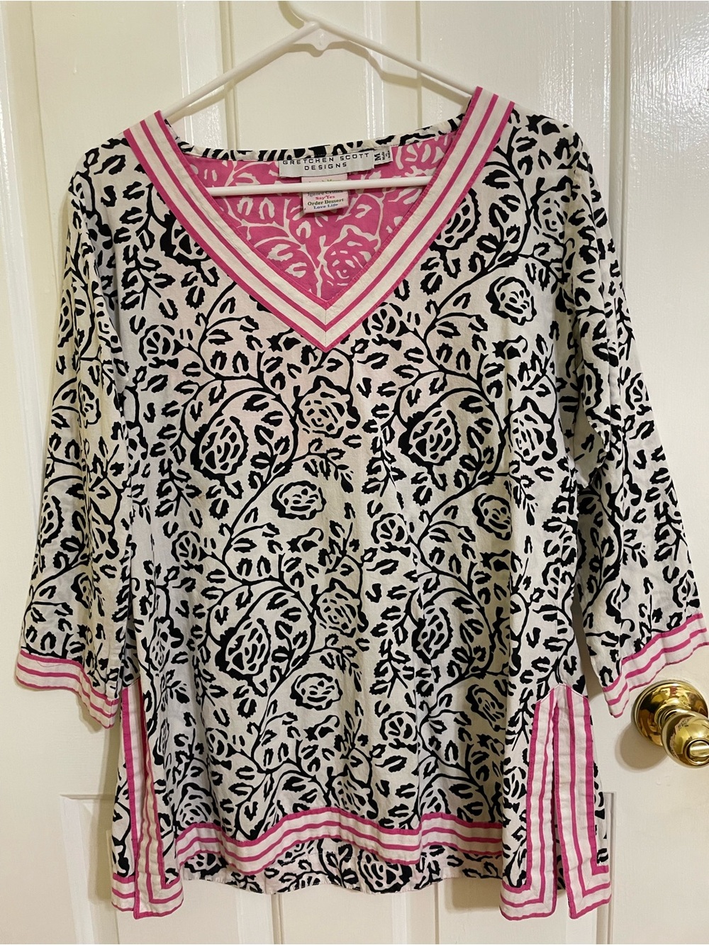 Gretchen Scott Designs Black & Pink Floral Vine V-Neck Tunic